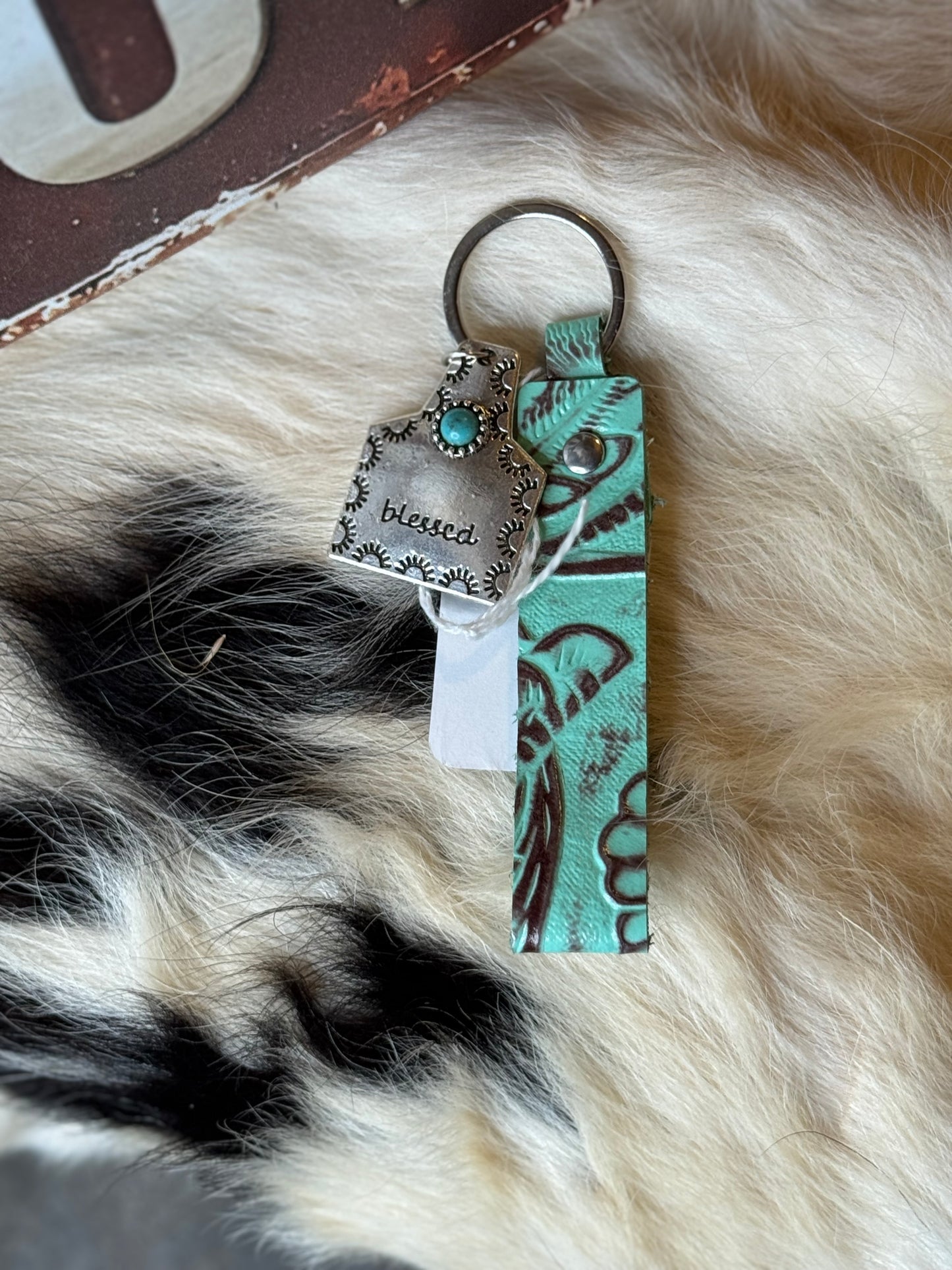 Teal Leather Key Chain with Blessed charm