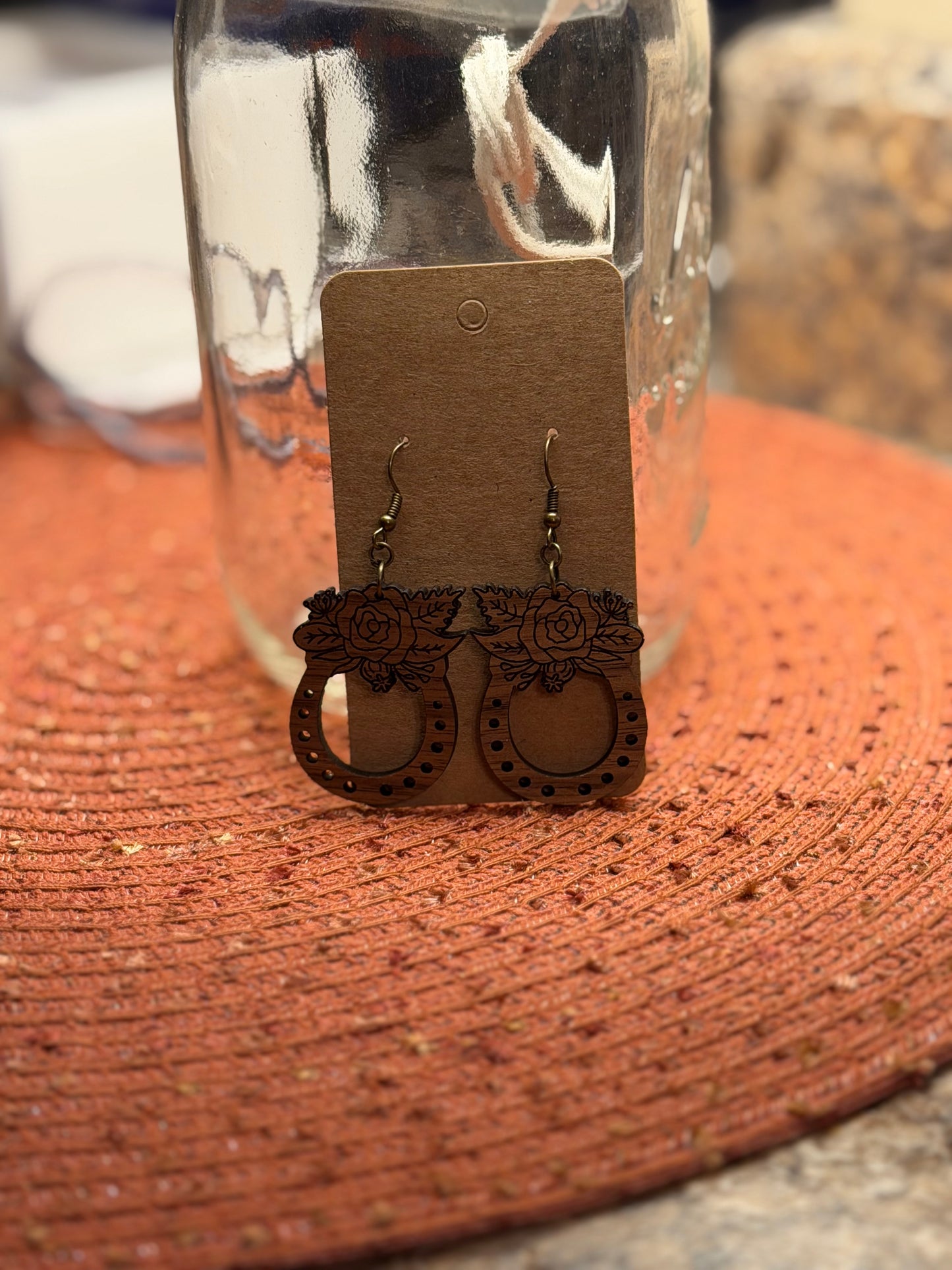 Wood Horseshoe with Rose Earrings