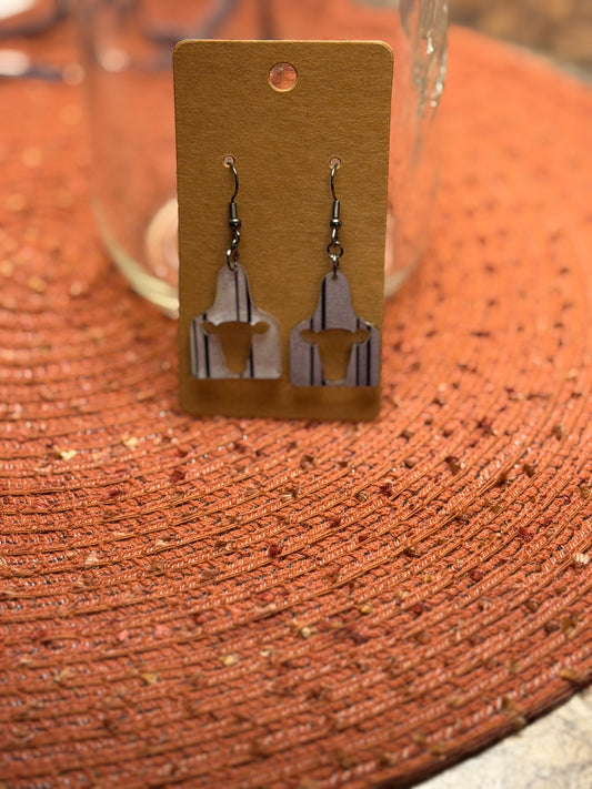 Wood Cow Tag Earrings
