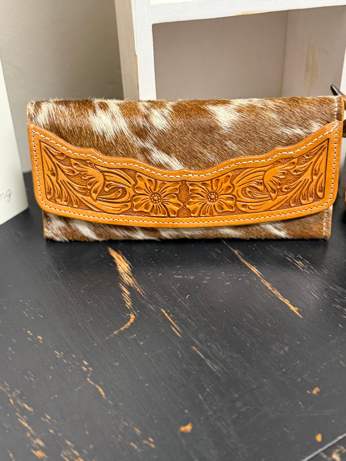 Tooled Leather and Cowhide Wallet