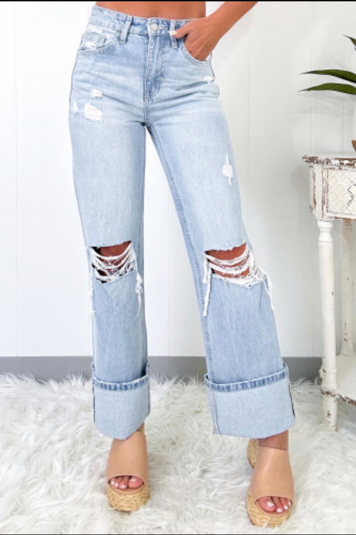 Distressed Wide-Leg Cuffed Jeans