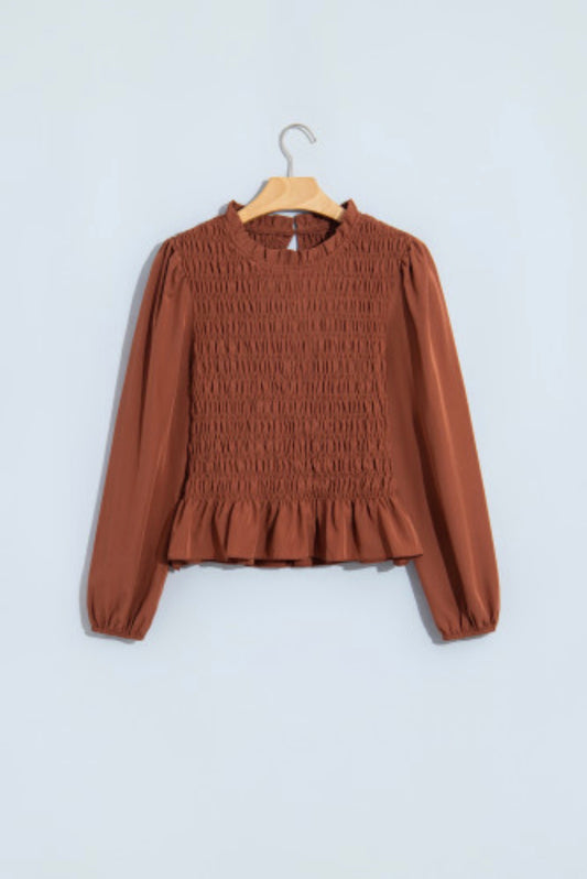 Rust Smocked Peplum Blouse