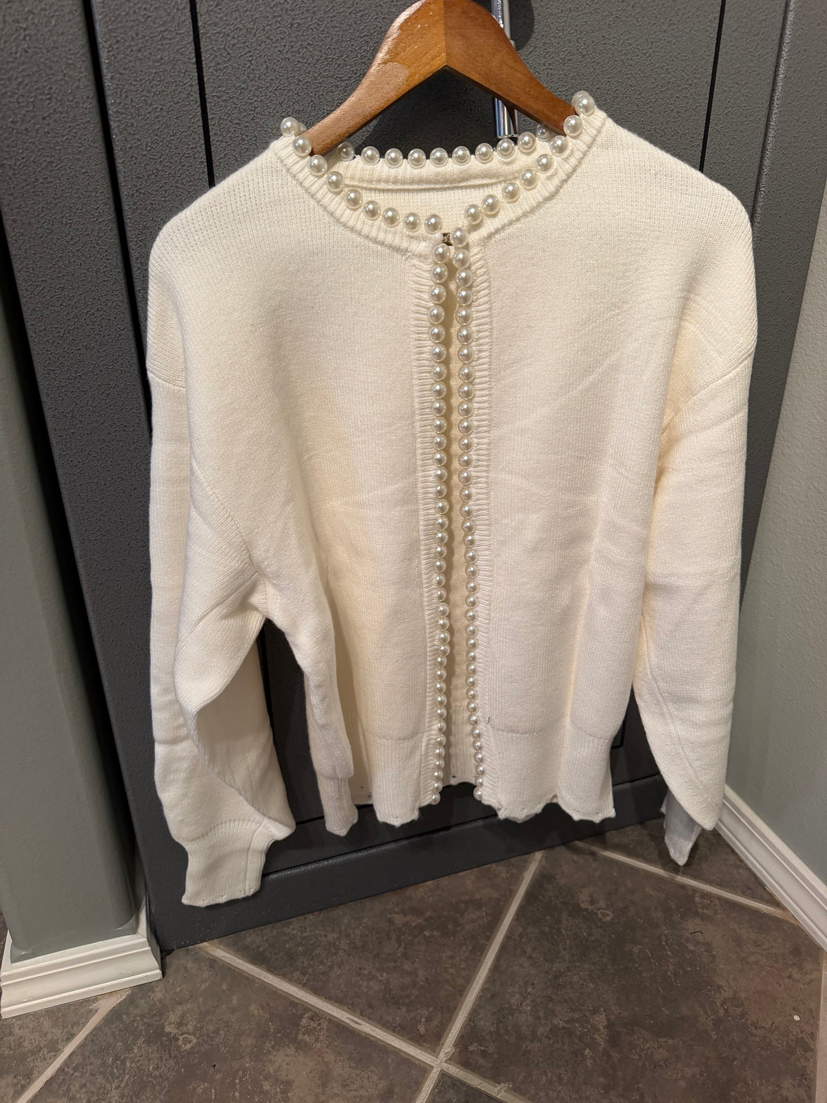 Pearl Trimmed Cream Sweater